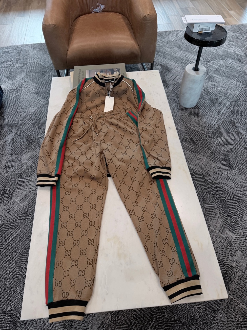 Gucci Beige GG Monogram Bomber Jacket with Red & Green Racing Stripes